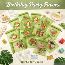 24/48pcs Olive Green Semi-Transparent Organza Gift Bags, Tropical Flamingo Toucan Pineapple Print Lightweight Visible Drawstring Bags, Smooth Cord Lock Design, Multi-Purpose Favor Bags For Wedding, Birthday, Hawaiian Party - 6 Mixed Styles - Green - View 4