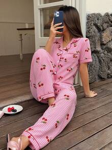 Bubble Crinkle Cherry Striped Print Short Sleeve Long Pants Pajama Set, Wearable As Casual Wear - Pink - View 5