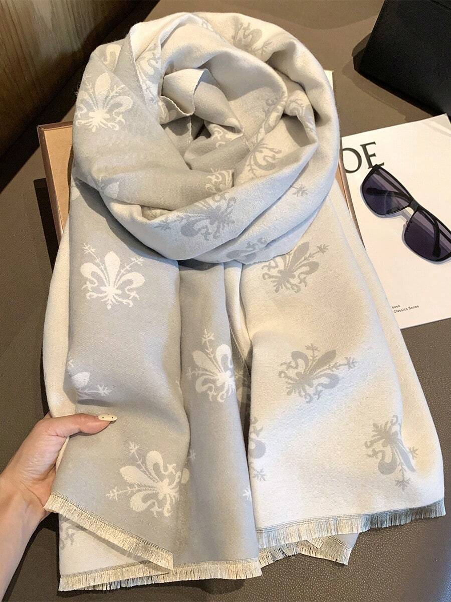 1pc Women's Patterned Scarf, Winter Warm Versatile Shawl, 2-In-1 Air-Conditioned Room Office Cape, Long Thick Neck Warmer - Light Grey - View 1