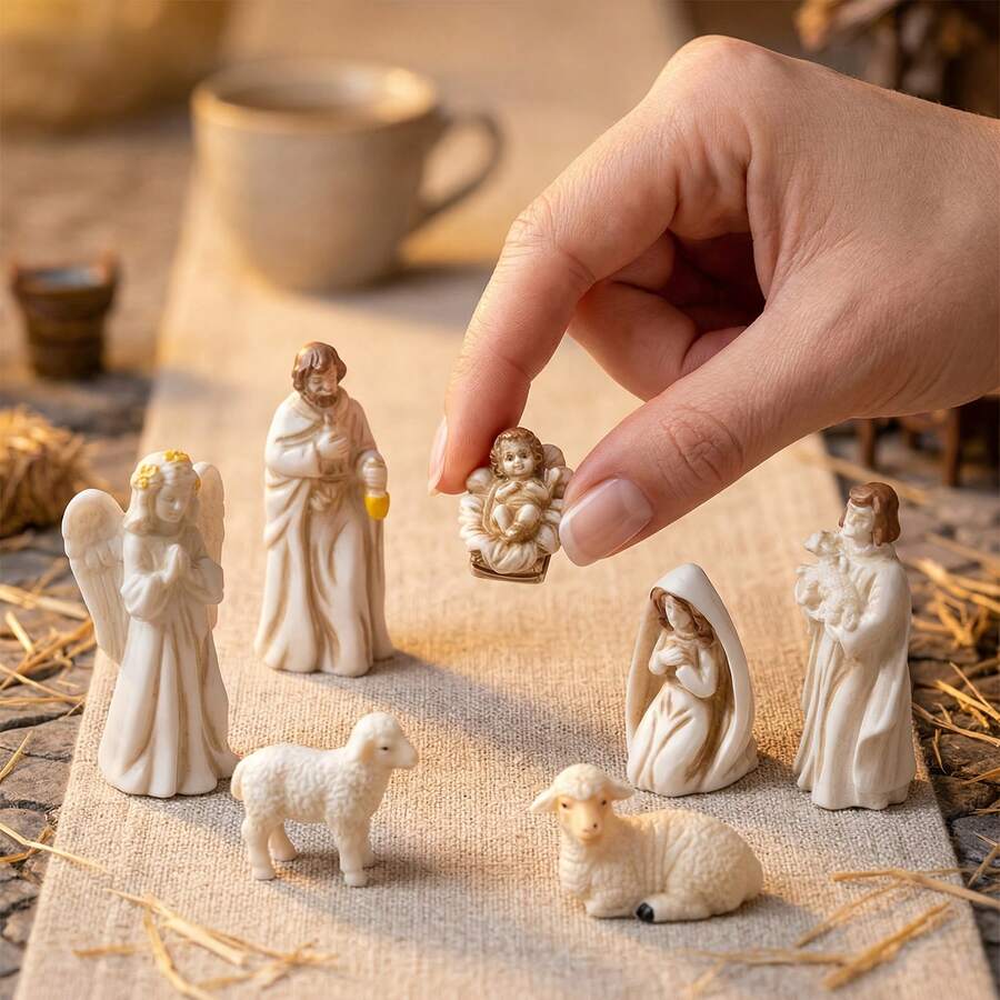 8-Piece Collectible Mini Nativity Scene Set, Includes Virgin Mary, Joseph And Sheep Holy Family Figurines, Durable PVC And Resin Material, Religious Theme Christmas Decoration, Suitable For Home Decor And Religious Display