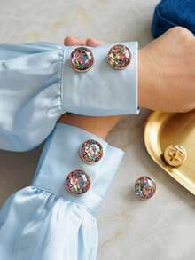 6/2/1pc Colorful Terrazzo Glitter Button Covers - Artistic Mosaic Round Cufflinks Covers, Vintage French Shirt Cuff Clips For Women - Multicolor - View 1