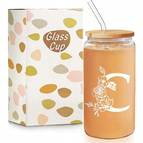 Vasos de Cristal, 16oz Vasos de Vidrio con Tapa y Popote, Tarros de Cerveza, Adecuado para Fiestas de Restaurantes, Té de la Tarde, Helados, Cerveza, Jugos, Cócteles, Limonada (Alphabet C)