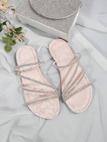Women's Flat Single Strap Rhinestone Slippers, Versatile Fashion Fairy High-End Style, Suitable For Dating, Shopping, Gathering, Home And Casual Wear - Pink Rose - View 5