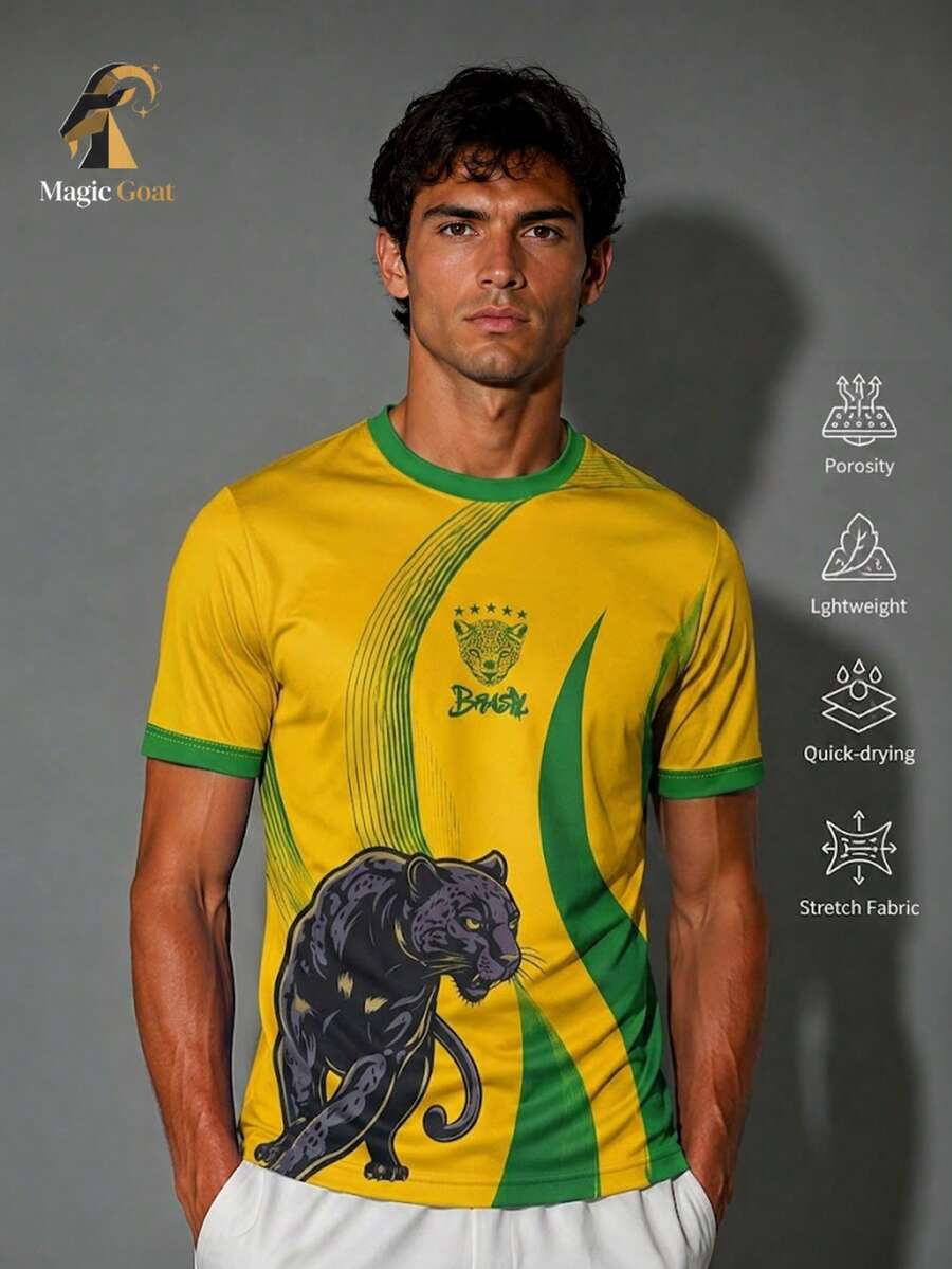 Brazil Themed Panther Graphic Soccer Jersey, Moisture Wicking Quick Dry Stretch Breathable Football Jersey For Training Daily Use, Perfect Fan Gift