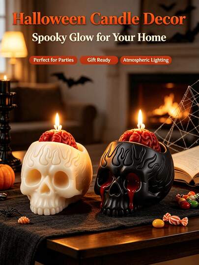 1pc/4pcs Halloween Skull Shaped Scented Candles, Gothic Flame Embossed Skull Candles With Red Brain Decoration, Burning Decorative Candles, Scary Home Table Decor, Halloween Party Decoration, Novelty Gift For Gothic Lovers, Unique Gothic Skull And Brain Design