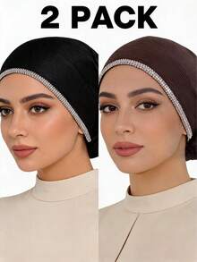 2pcs Women's Fashionable Elastic Exquisite Chain Rhinestone Craft Shiny Bohemian Polyester (Polyester) Knitted Ribbed Fabric All-Season Underscarf - 3-row Rhinestone Chain Headscarf Multi-color - View 8