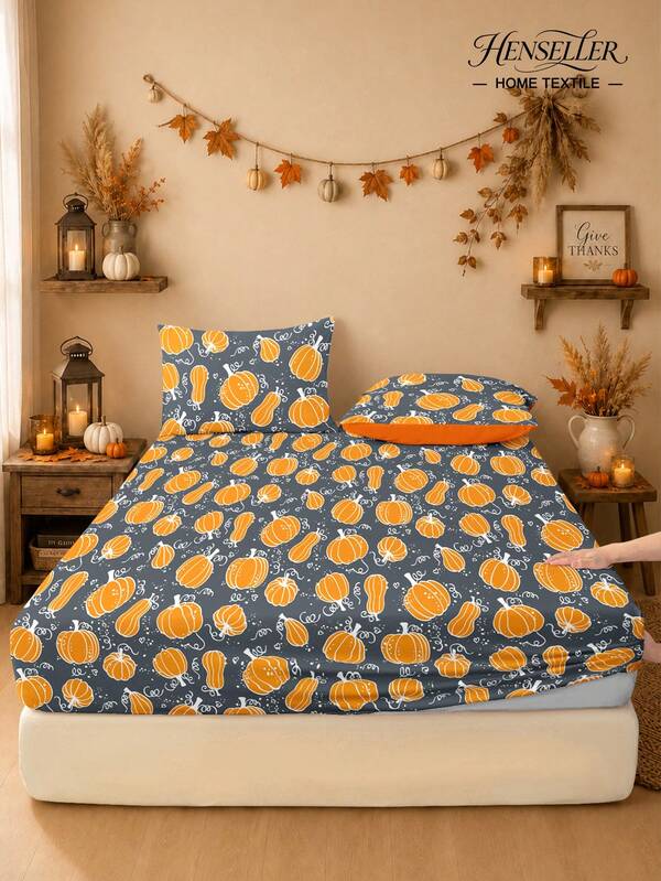 1pc Halloween & Thanksgiving Leaf Pumpkin Print Fitted Sheet, Quiet, Non-Slip, Machine Washable, Durable & Easy Care, All-Season Bedding For All Bed Sizes, Home, Dorm, Apartment, Guest Room, Rentals, Bedroom Decor & Holiday Gifts
