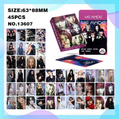 Set de 45 tarjetas fotográficas, 63*88mm, incluye fotos grupales y retratos individuales de alta definición de los miembros, múltiples estilos atmosféricos personalizados. Impresión de alta definición con detalles finos, bordes suaves para el manejo, tamaño estándar compatible con varios álbumes de colección. Empaque de caja exquisita para almacenamiento y preservación fáciles, adecuado para colecciones de fans, intercambio de apoyo offline, tarjetas de decoración de escritorio y un regalo delicado para fans de grupos de chicas.