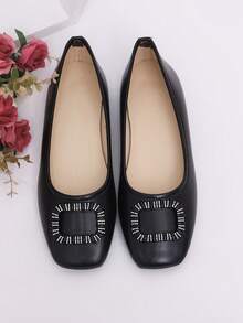planare New Women's Popular Fashion Minimalist Solid Color Slip-On Square Toe Flat Black Loafers, Suitable For Daily Commute, Office, Evening Party And Other Occasions - Black - View 9