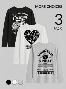 Women's Fashion Autumn/Winter Loose Round Neck Casual Versatile Letter Heart Motorcycle Print Long Sleeve T-Shirt 3pcs/Set - Black + White + Light Heather Gray - View 7