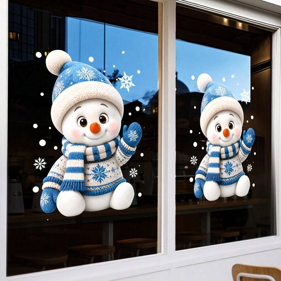 Christmas Gift, Christmas Static Window Sticker, Christmas Snowman Glass Decal, Suitable For Home Windows, Bedroom, Dining Room, Office And Other Holiday Party Supplies Decoration, Atmosphere Scene Arrangement Door Sticker, One Piece Static Window Flower, Easy To Operate, Beautiful Sticker - Christmas Snowman - View 1