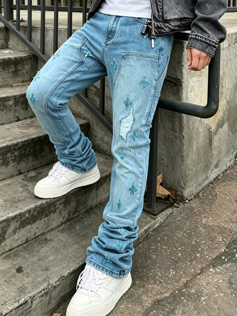 Men's Stretch Washed Denim Jeans With Embroidery And Slanted Pocket Design - Light Wash - View 1