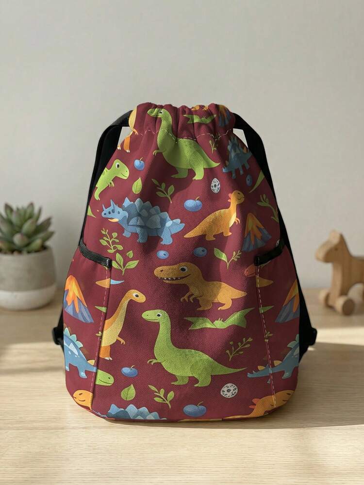 1 pieza Mochila con cordón, universal para múltiples escenarios, capacidad extra grande, ultraligera y portátil, duradera, de alta estética, bolsa de almacenamiento plegable, mochila deportiva con cordón con estampado de dinosaurio de dibujos animados, almacenamiento a prueba de polvo, adecuada para viajes al aire libre, fitness, desplazamientos diarios y uso escolar - Multicolor - Añade 9