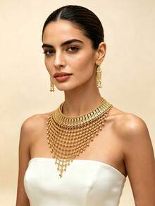 Dubai Luxury Gold Plated Hollow Floral Mesh Tassel Necklace Dangle Earrings Arabian Bridal Wedding Statement Jewelry Set For Women Party Banquet Gifts - Yellow Gold - View 2