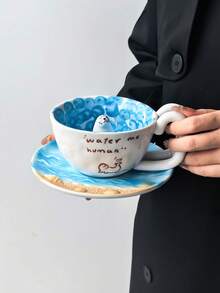 1組超吸睛海豹/企鵝陶瓷咖啡杯碟套組,INS風可愛個性創意小眾設計 3D浮雕咖啡杯,搭配海灘貝殼6英吋餐盤,大容量精緻,送禮首選 - 彩色 - 查看 9