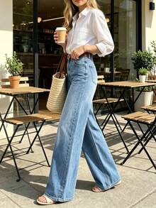 Women's Long Wide Leg Denim Jeans, Medium Stretch, Washed Finish, With Pockets, Suitable For Casual Daily Wear - Medium Wash - View 4