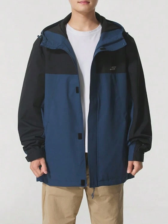 Skechers Men's Color-Block Hooded Outdoor Windbreaker Jacket - Navy Blue - View 1