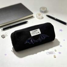 Minimalist Pure Black Canvas Pencil Case, Cute Cartoon Label Pencil Pouch, Large Capacity Stationery Storage Bag, Simple Portable Makeup Bag, Student Aesthetic Stationery, Daily Back To School Gift - Multicolor - View 4