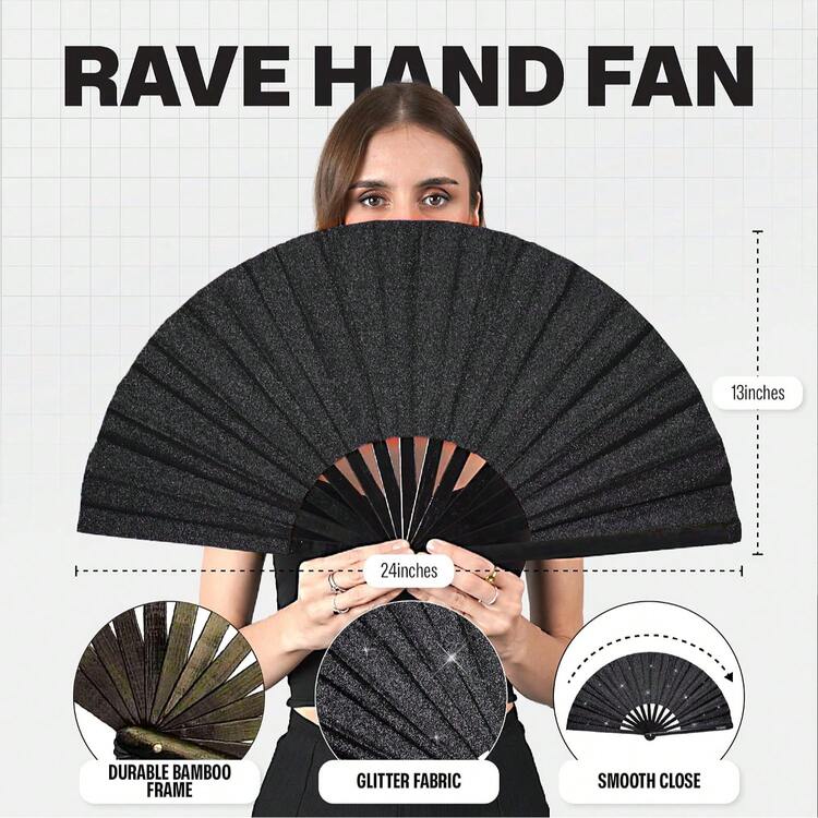 Glitter Black Glitter Fan - Large Foldable Fan, Suitable For Men And Women - Cool Accessory For Electronic Dance Music, Hip-Hop, Cosplay, Concerts And More - Gold Powder Flat Fan - View 8