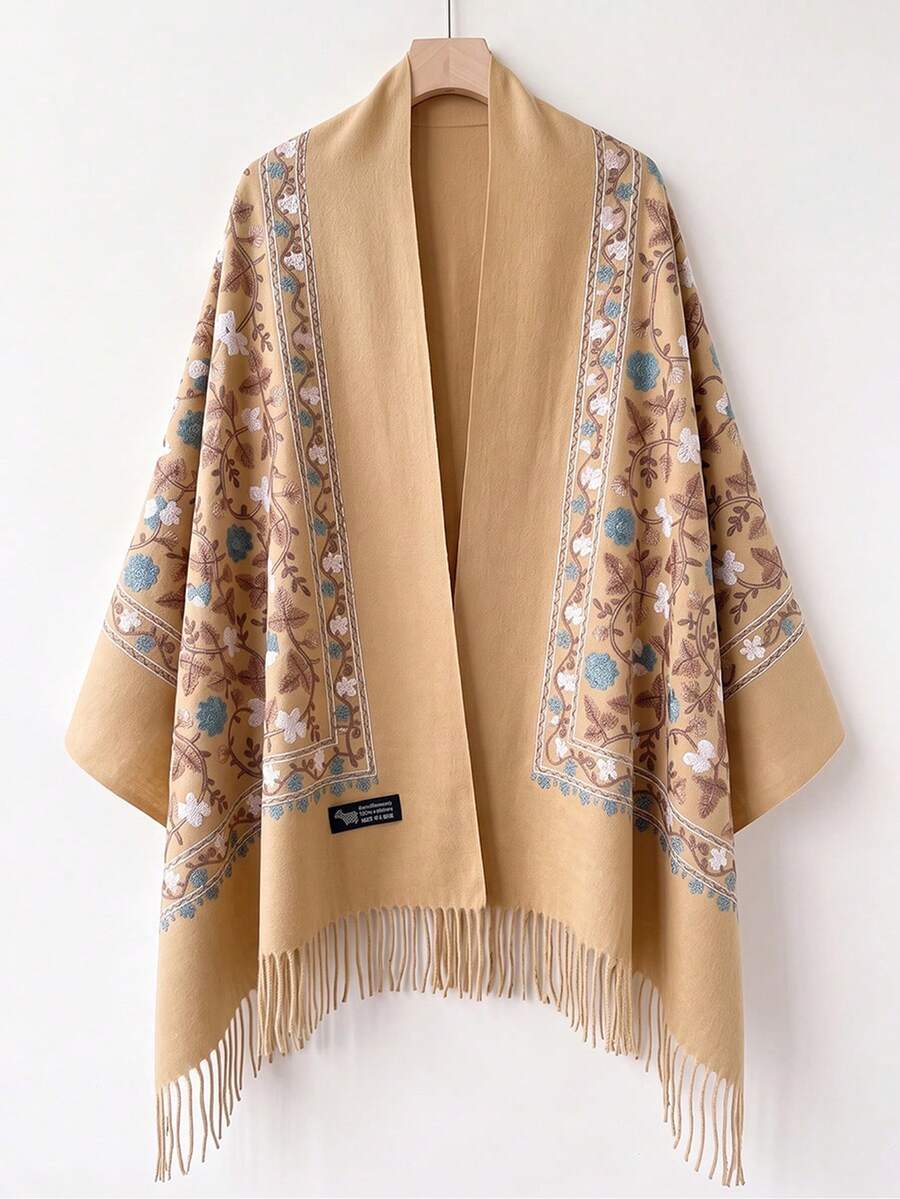 1pc Women's Autumn/Winter Faux Cashmere Embroidered Scarf, Thick Warm Tassel Embroidered Bohemian Style Travel Shawl Cape - Camel - View 1
