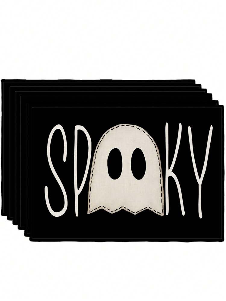2/4/6Pcs Table Placemat, Fall Halloween Thanksgiving Ghost Pumpkin Print Heat Resistant Kitchen Table Mat - Black - View 9