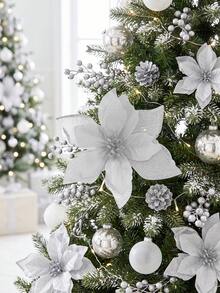 1/10/20/30pcs Shiny Double-Layer Red Poinsettia Artificial Flowers With Clips, 6.7 Inch, Suitable For Christmas Tree, Wreath, Staircase, Fireplace, Window, Coffee Table And Holiday/Wedding Party Decoration, Christmas Gift - Silver - View 2