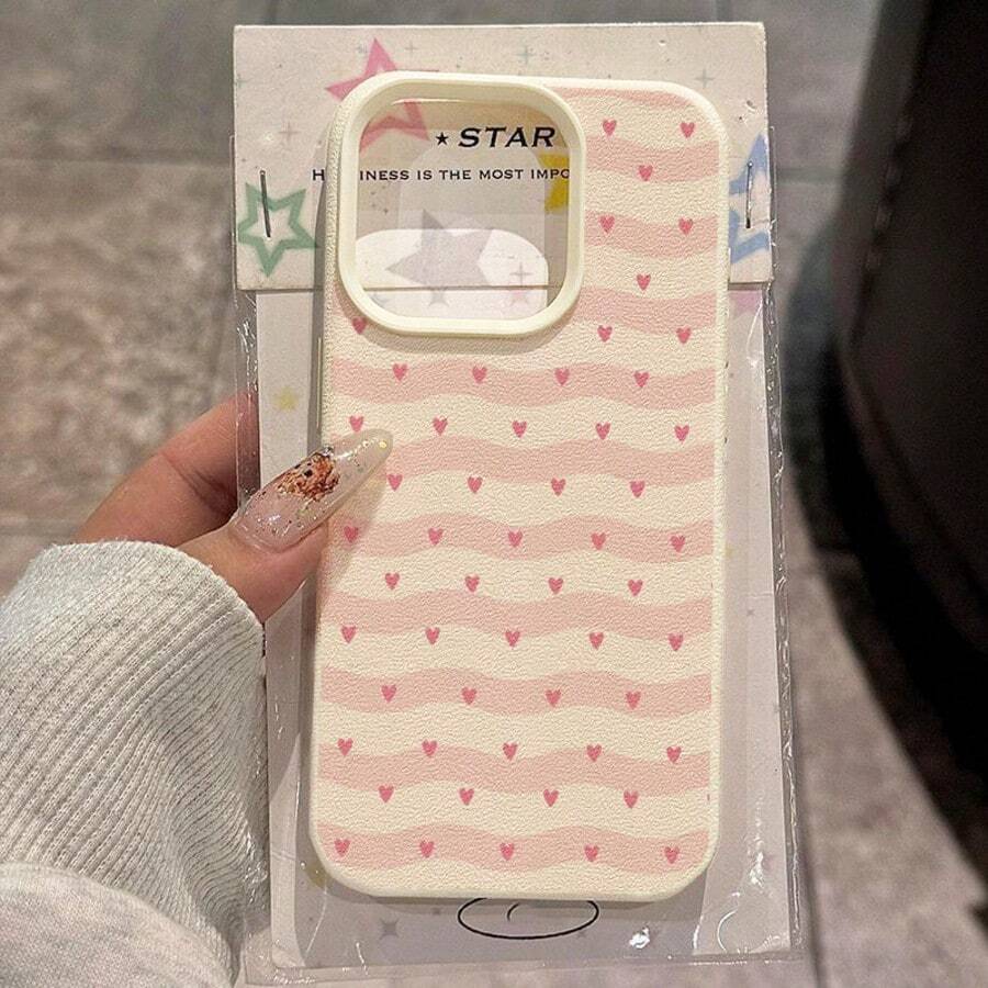 1 buah Casing Ponsel TPU Lembut Lucu Warna Pink dengan Motif Garis Bergelombang dan Hati, Kompatibel dengan iPhone 17 Pro Max/17/16 Pro Max/15/13/12/11/ S20 FE/A15/S24/A55/ Note 11/Note 12/Note 13 Pro. Pelindung Lembut Anti Jatuh dengan Perlindungan Penuh. - Putih - View 1