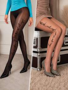 1pc Plus Size Women's Black Glossy Oil-Shine Tights With Side Letter Print, Sheer Pantyhose For Spring, Summer, Fall & Daily Wear - Multicolor - View 3