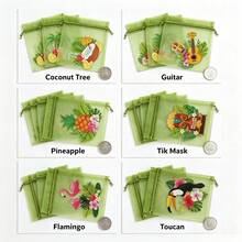 24/48pcs Olive Green Semi-Transparent Organza Gift Bags, Tropical Flamingo Toucan Pineapple Print Lightweight Visible Drawstring Bags, Smooth Cord Lock Design, Multi-Purpose Favor Bags For Wedding, Birthday, Hawaiian Party - 6 Mixed Styles - Green - View 5
