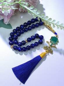 1pc 33-Bead Middle East Saudi Arabia Style Tasbih Prayer Beads With Green Floral Stone Texture, Saudi Emblem Pendant, Tassel Bracelet, Islamic Religious Gift - Multicolor - View 4