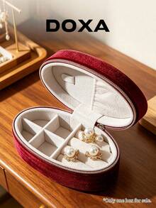 Kotak Penyimpanan Perhiasan Wanita DOXA Oval dengan Resleting, Organizer Anting dan Cincin Ringan, Cocok untuk Penggunaan Sehari-hari dan Hadiah Liburan - Merah - View 3