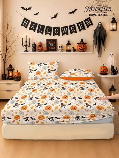 1pc Halloween & Thanksgiving Ghost Pumpkin Print Fitted Sheet, Quiet And Non-Slip, Machine Washable, Durable, Easy Care, All-Season Bedding For Multiple Bed Sizes, Home, Dorm, Apartment, Guest Room, Rentals, Bedroom Decor & Holiday Gifts