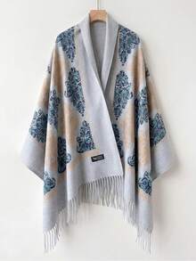1件女款秋冬仿羊絨刺繡圍巾，加厚保暖流蘇刺繡波希米亞風旅行披肩斗篷 - 淺灰色 - 查看 1