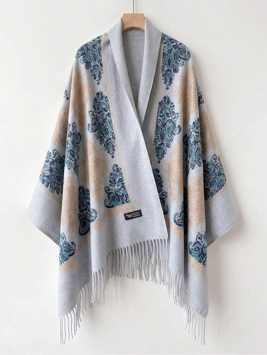 1件女款秋冬仿羊絨刺繡圍巾,加厚保暖流蘇刺繡波希米亞風旅行披肩斗篷 - 淺灰色 - 查看 1