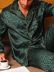 2pcs/Set Men's Silk Satin Leopard Print Long Sleeve Pajama Set, Autumn/Winter Homewear - Dark Green - View 4