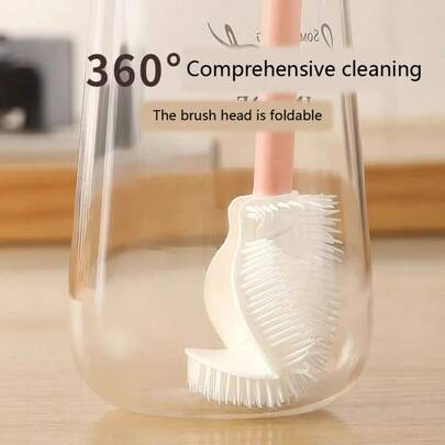 1pc 360° All-Round No Dead Angle Silicone Cleaning Brush With Foldable Head - Long Handle, Reusable Bottle And Cup Brush, For Kitchen And Home Use
