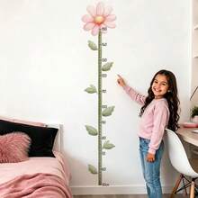 1pc Pink Flower & Green Leaf Height Chart Wall Sticker, Warm Room Self-Adhesive Height Record Decorative Sticker - Personalized Flower Height Sticker (26*60cm) - View 1
