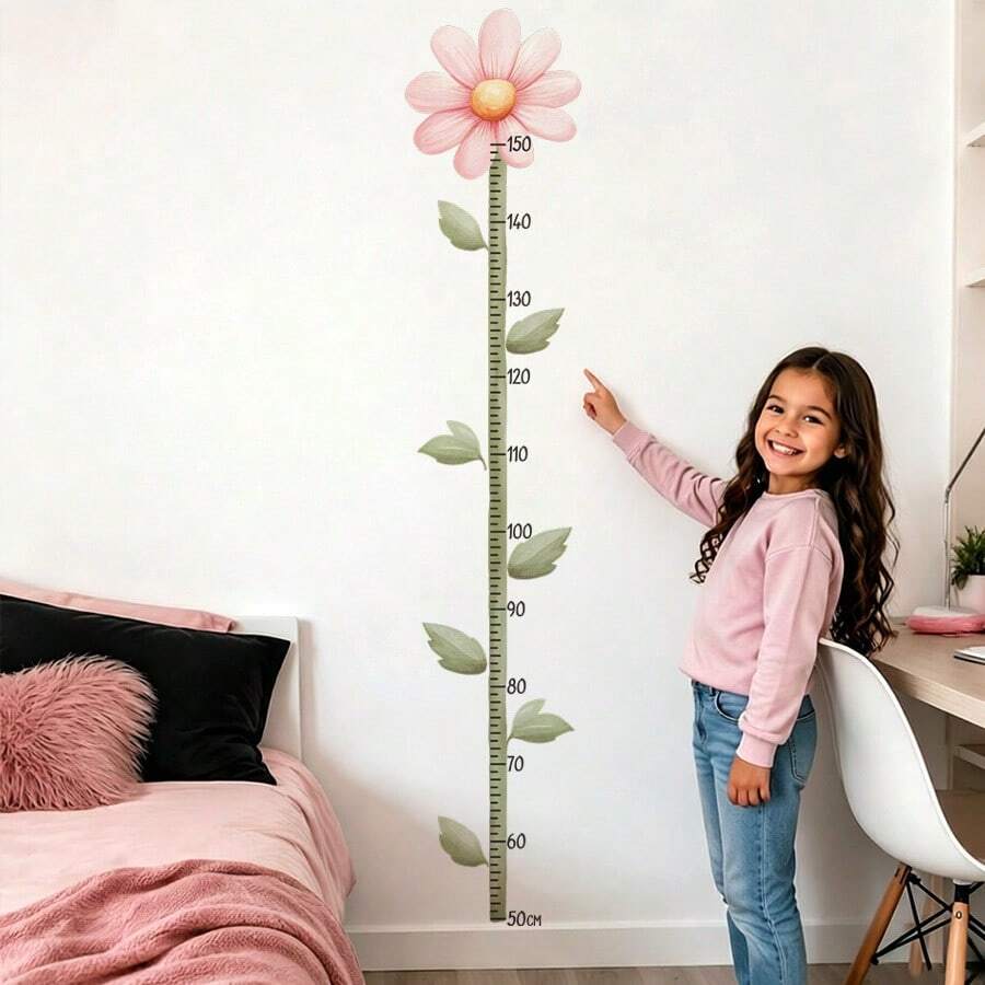 1pc Pink Flower & Green Leaf Height Chart Wall Sticker, Warm Room Self-Adhesive Height Record Decorative Sticker - Personalized Flower Height Sticker (26*60cm) - View 1