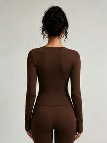 XLLAIS Women's Pure Cotton T-Shirt, Sexy V-Neck, Elastic Fabric, Brown Casual Long Sleeve Top For Autumn/Winter - Brown - View 2