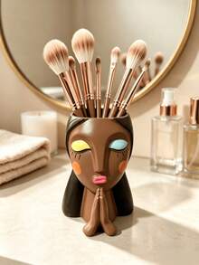 1pc Bohemian Abstract Praying Woman Face Makeup Brush Holder, Resin Makeup Brush Storage Cup, Multi-Functional Pen Holder, Vanity Bathroom Desktop Decor Storage Can, Unique Artistic Home Decor Women Gift - Multicolor - View 7
