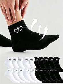 1/10/20 Pairs Unisex Black & White Heart Pattern Short Socks, Soft, Odor-Resistant, Breathable, Moisture-Wicking, Sports Socks, Couple Socks, Suitable For Daily Wear, Back To School Season, All Seasons - Black and White - View 1