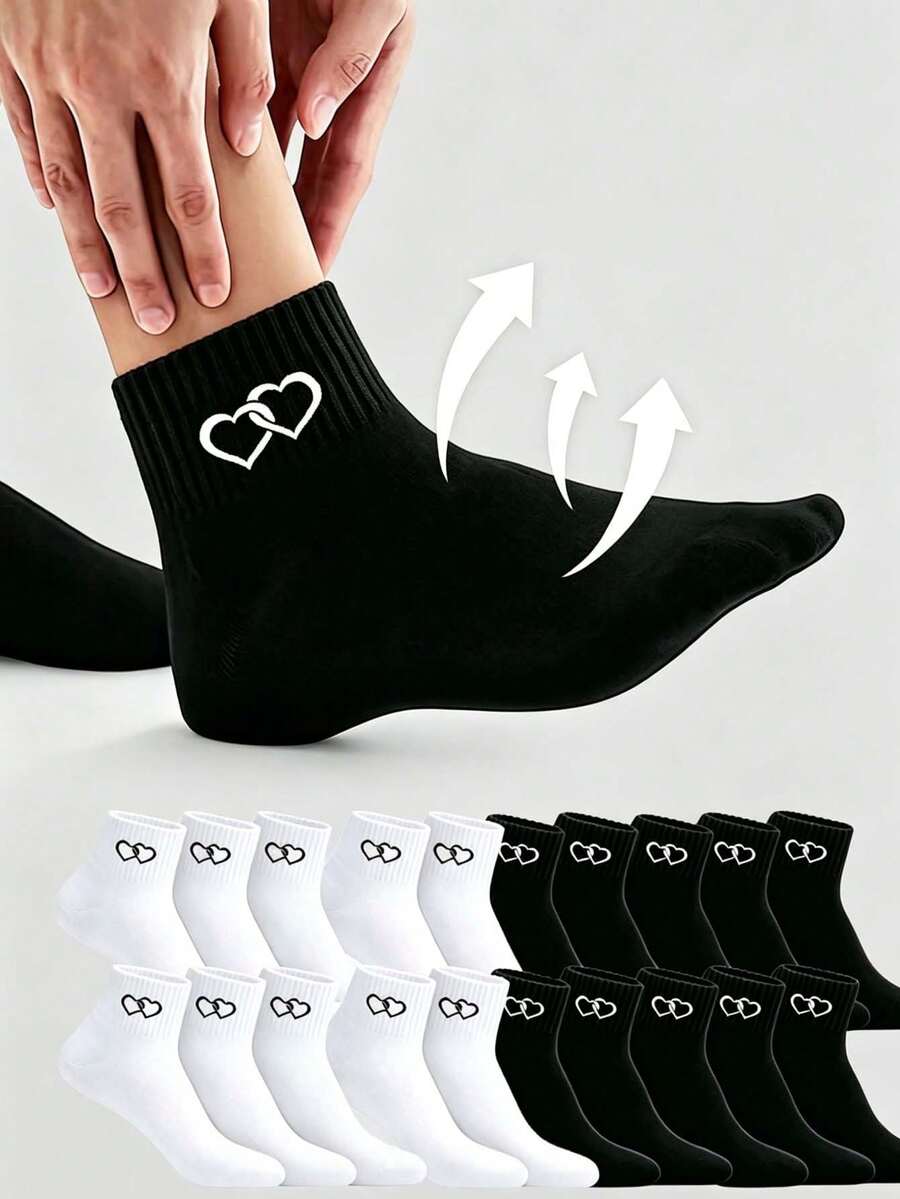 1/10/20 Pairs Unisex Black & White Heart Pattern Short Socks, Soft, Odor-Resistant, Breathable, Moisture-Wicking, Sports Socks, Couple Socks, Suitable For Daily Wear, Back To School Season, All Seasons - Black and White - View 1