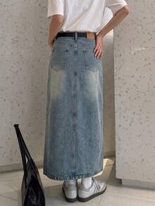 Women's Casual Vintage Washed Denim Skirt With Pockets And Buttons - Blue - View 6