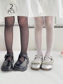 2雙女童兒童嬰兒網襪褲襪，黑色白色素色，連腳網襪褲，亮片貼布與水鑽裝飾，薄款高彈力連腳襪褲，網襪舞褲，適合日常、學校、可愛風格，春夏四季通用，適合學生日常聚會，可搭配裙子、短褲、小皮鞋，開學季新學期校園教室穿搭 - 彩色 - 查看 18
