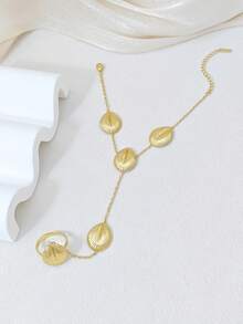 Damen Edelstahl Blatt Ring Armband, Gold Armband mit Blatt Anhänger, Bohème Stil Handschmuck, Urlaubs Accessoire Geschenk für Sie - Gold - Übersicht 1