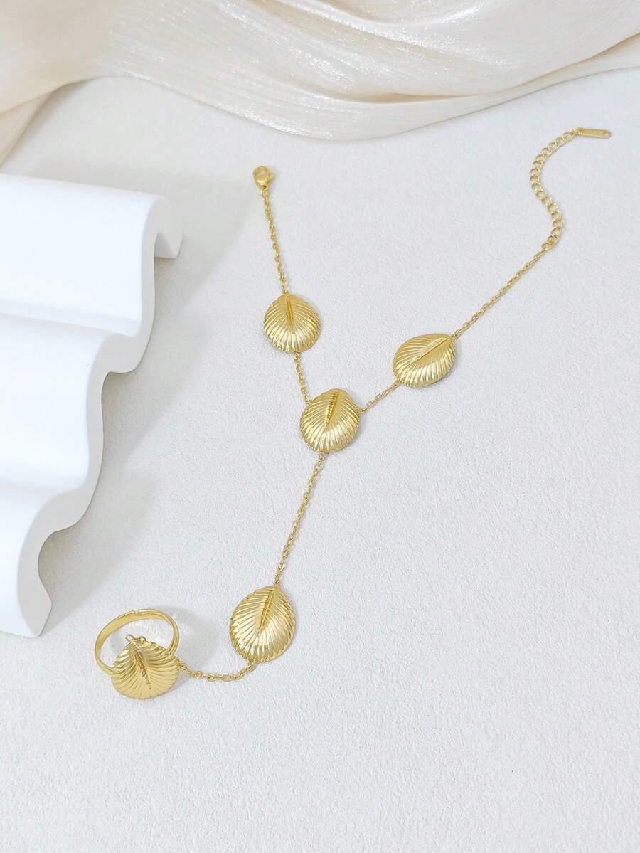 Damen Edelstahl Blatt Ring Armband, Gold Armband mit Blatt Anhänger, Bohème Stil Handschmuck, Urlaubs Accessoire Geschenk für Sie - Gold - Übersicht 1