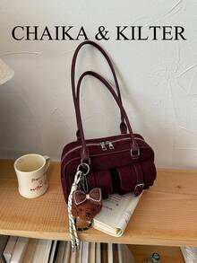 CHAIKA & KILTER 1件裝 素色麂皮布料女款時尚單肩包 多口袋大容量波士頓保齡球包 拉鍊開合 適合日常與外出使用（附吊飾） - 酒紅色 - 查看 5