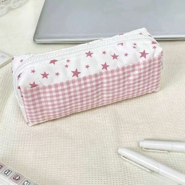 Pink & White Star Plaid Fresh Large Capacity Pencil Case, Front Plaid Patchwork, Back Star Print, Built-In Compartments For Organized Storage Of Various Stationery, Suitable For Students' Daily Storage Of Learning Supplies And Small Items