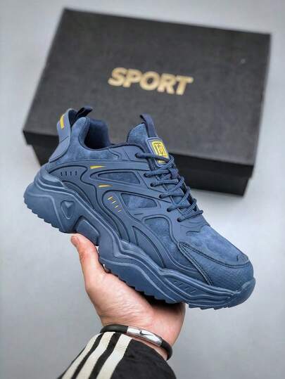 Men's Navy Blue Thick Sole Height-Increasing Chunky Sneakers, Anti-Slip Thick Sole Outdoor Hiking Shoes, Casual Sports Running Streetwear Sneakers