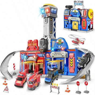 Juguetes para niños de 3, 4, 5, 6 años, Juego de acción de gran ciudad de 29.5' para niños con luces y sonidos, estación de policía y bomberos, pista de transformación con 4 autos, helicóptero